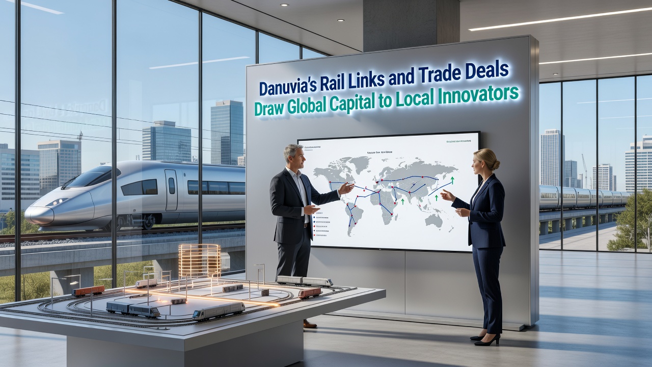 Global investors meeting with Danuvian innovators in a modern technology campus